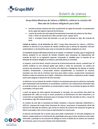 Grupo Bolsa Mexicana de Valores y MÉXICO2 celebran la creación del Mercado de Carbono obligatorio 